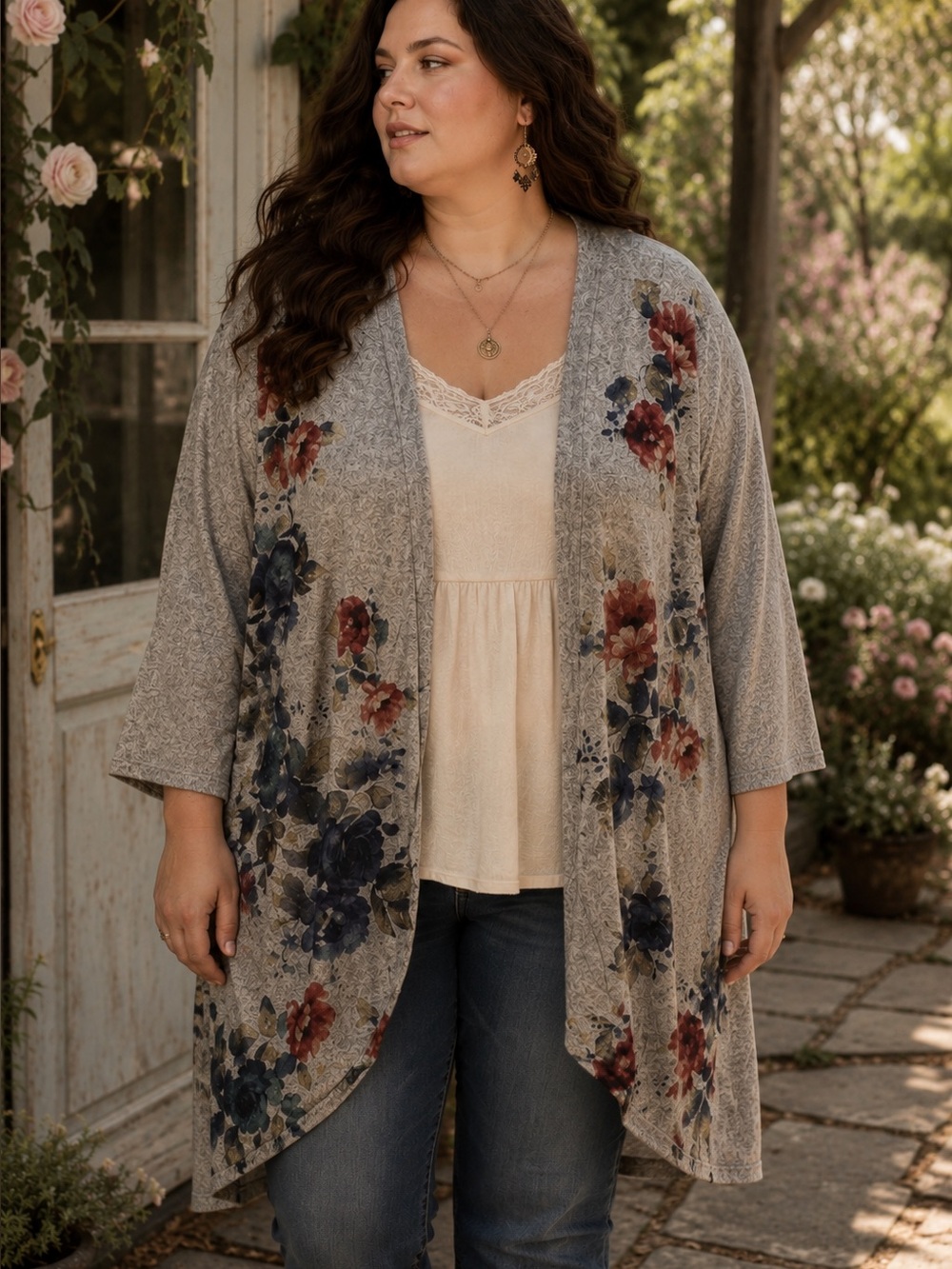 Live In The Moment Floral Lightweight Romantic Boho Open Front Cardigan Size L